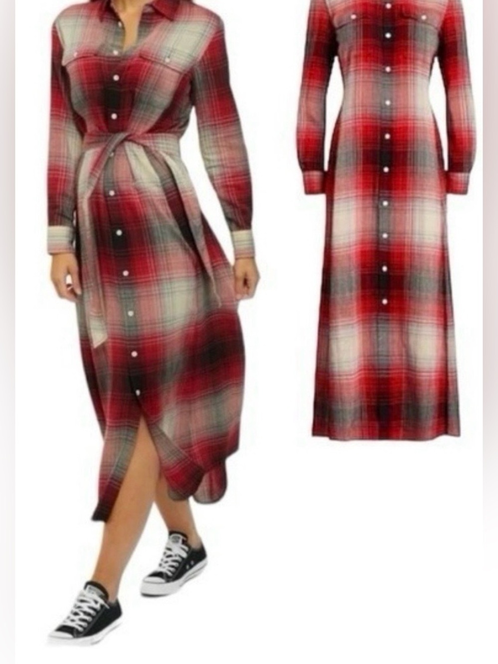 Plaid Red Button-Front Maxi flannel Shirt Dress size 8 - Picture 2 of 8